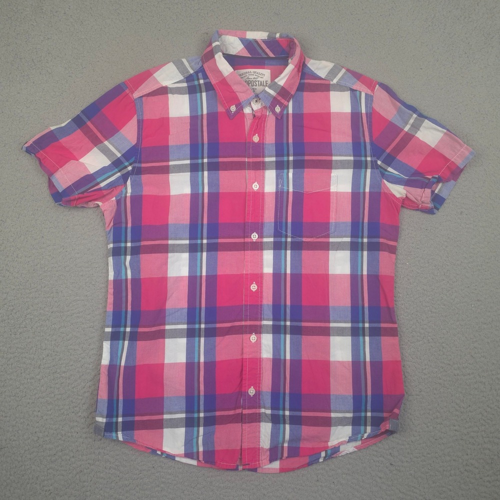 Aeropostale Shirt Mens Small Pink Purple Plaid Short‎ Sleeve Button Down Cotton